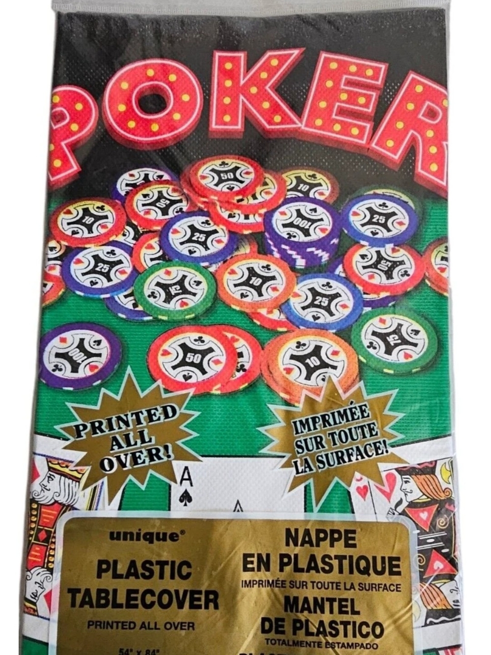 Nique Green Poker Chips Plastic Tablecover with Multicolor Chips Print